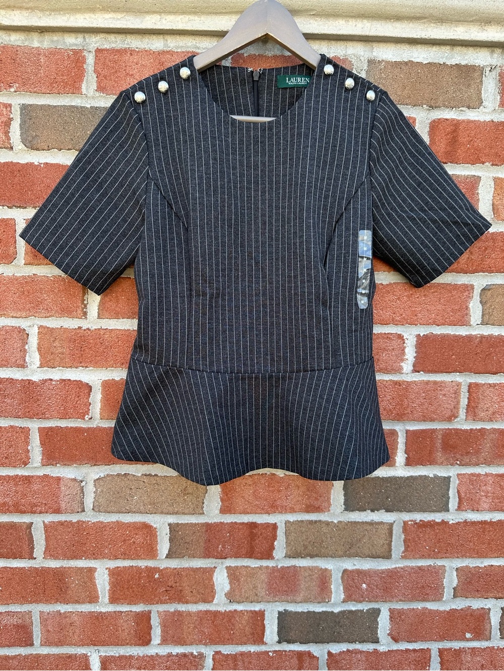 Lauren Ralph Lauren Womens Black Pinstripe Peplum Top with Shoulder Buttons Sz M
